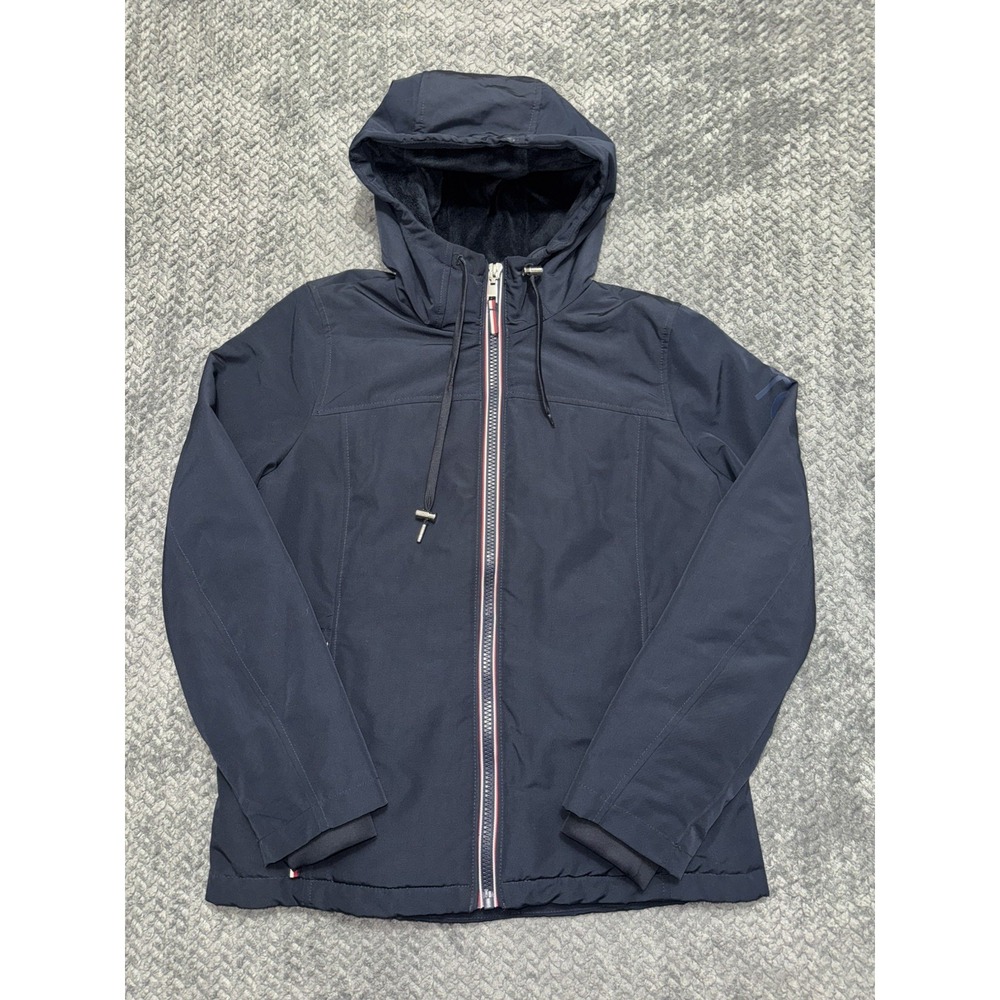 TOMMY HILFIGER Women's Softshell Windbreaker Hooded Jacket Full Zip Navy Sz M